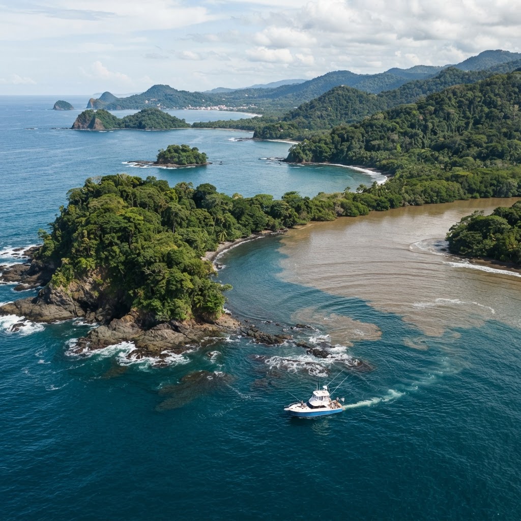 Aerial view of rocky points islands and fishing water near Quepos and Manuel Antonio