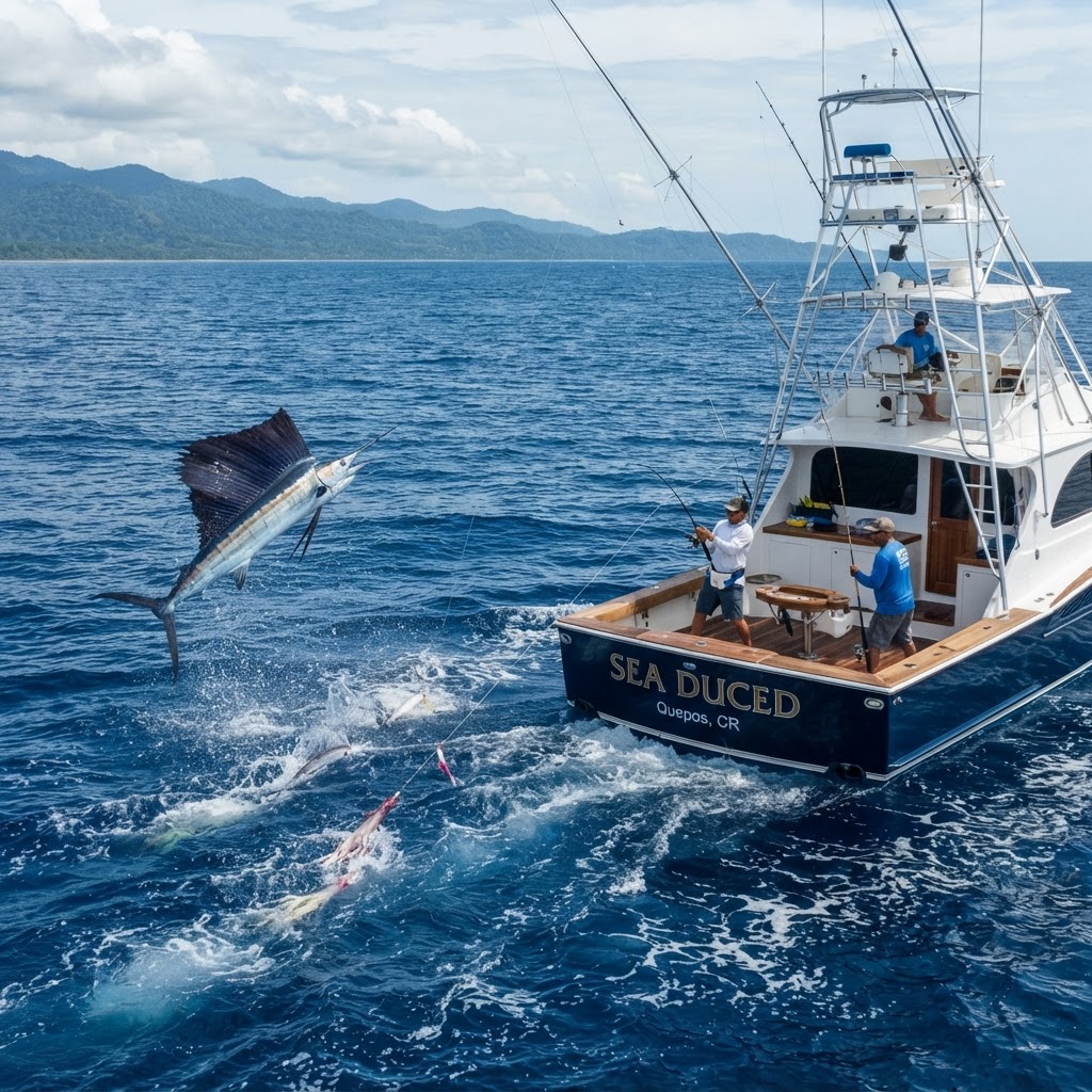 Pacific sailfish jumping beside a trolling spread offshore from Quepos Costa Rica