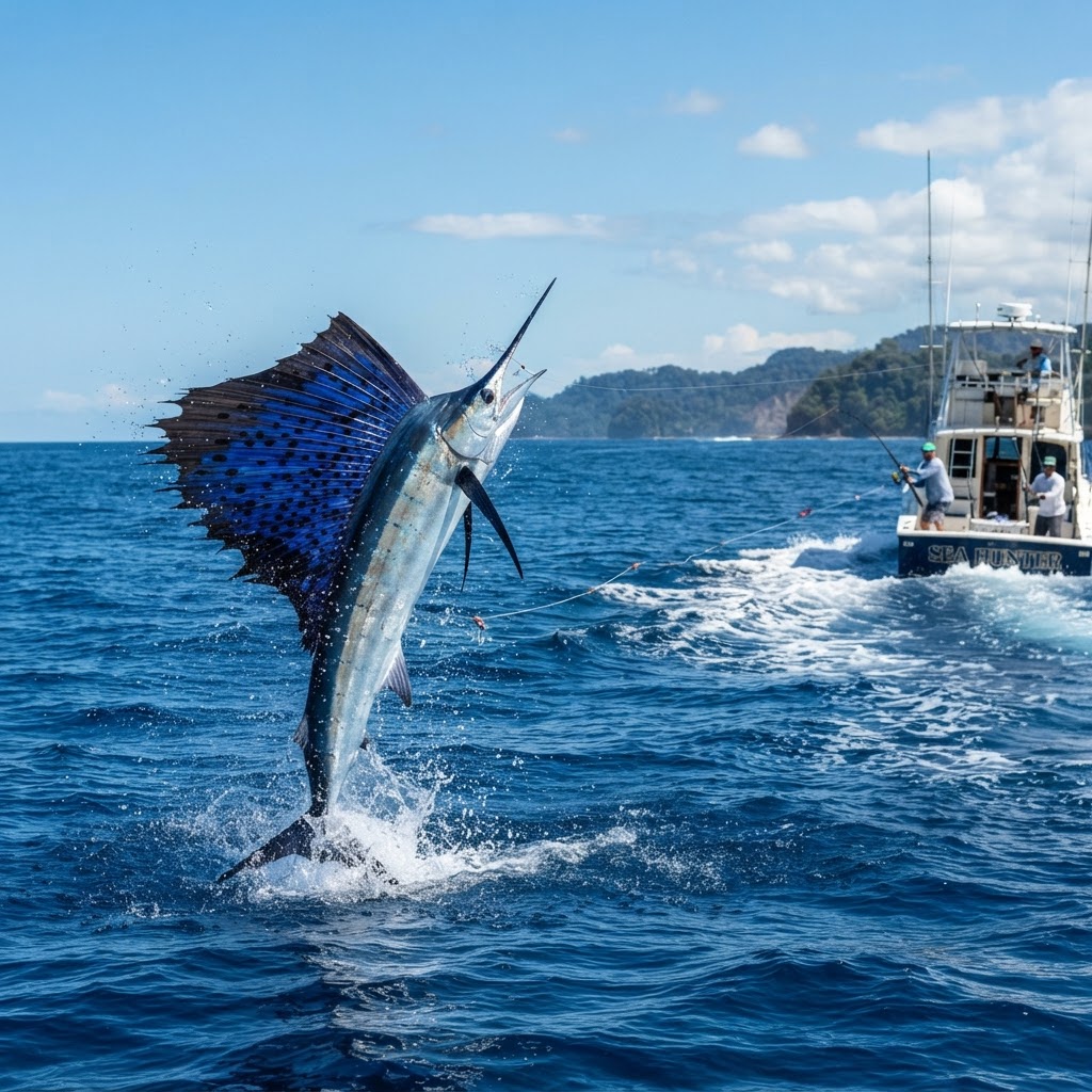 Pacific sailfish jumping behind an offshore charter boat near Quepos Costa Rica