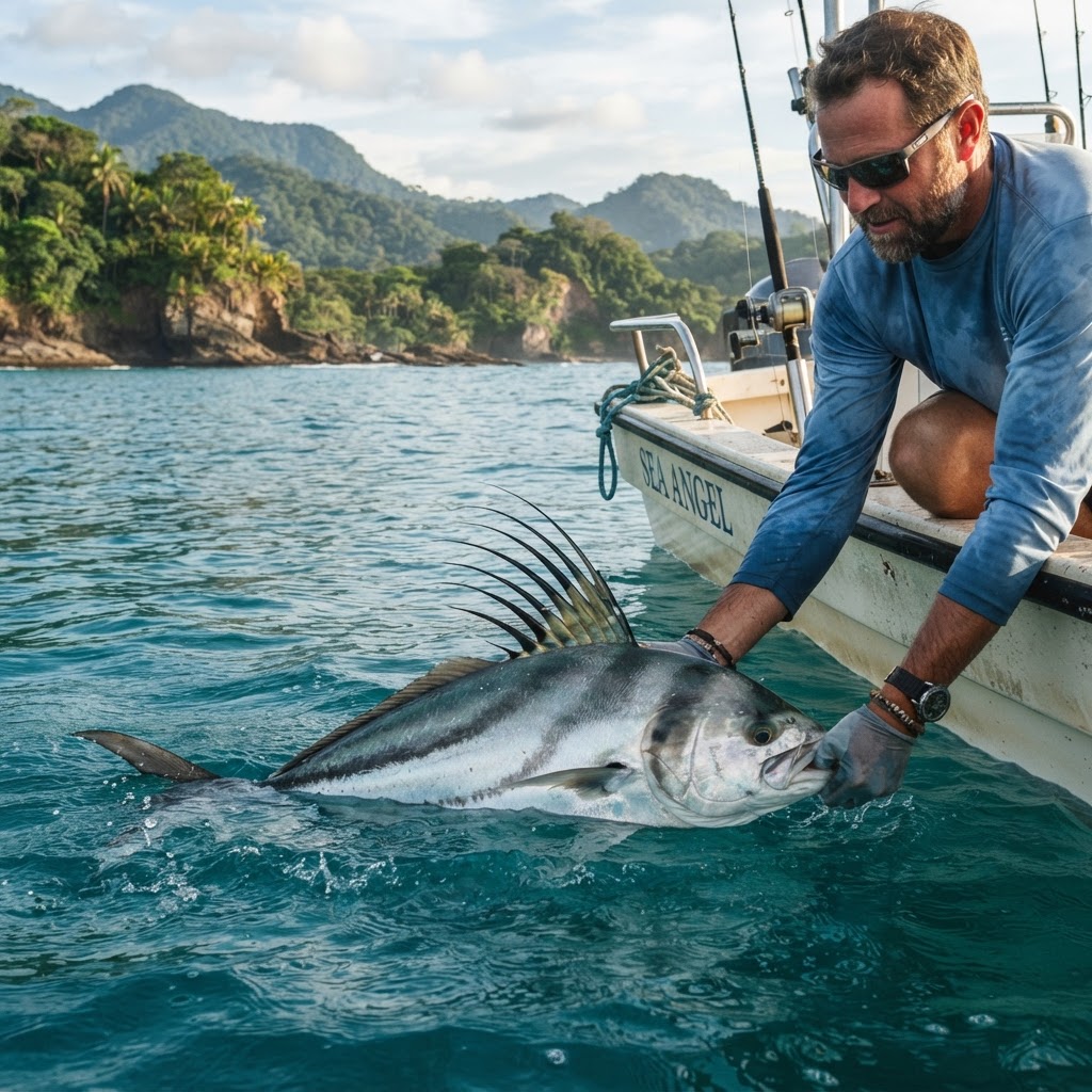 Roosterfish held at water level for release beside an inshore fishing boat near Quepos Costa Rica
