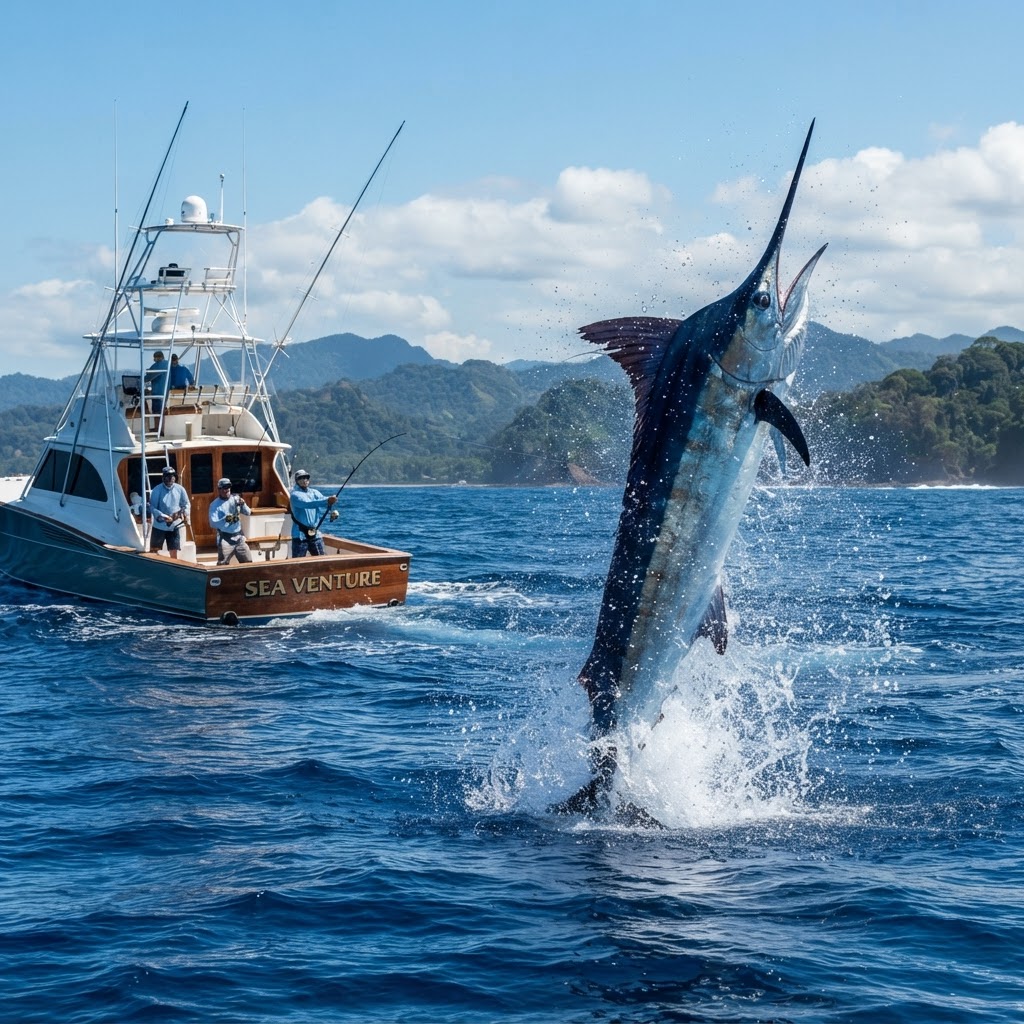 Blue marlin leaping beside an offshore sport fishing boat in the Pacific near Quepos Costa Rica