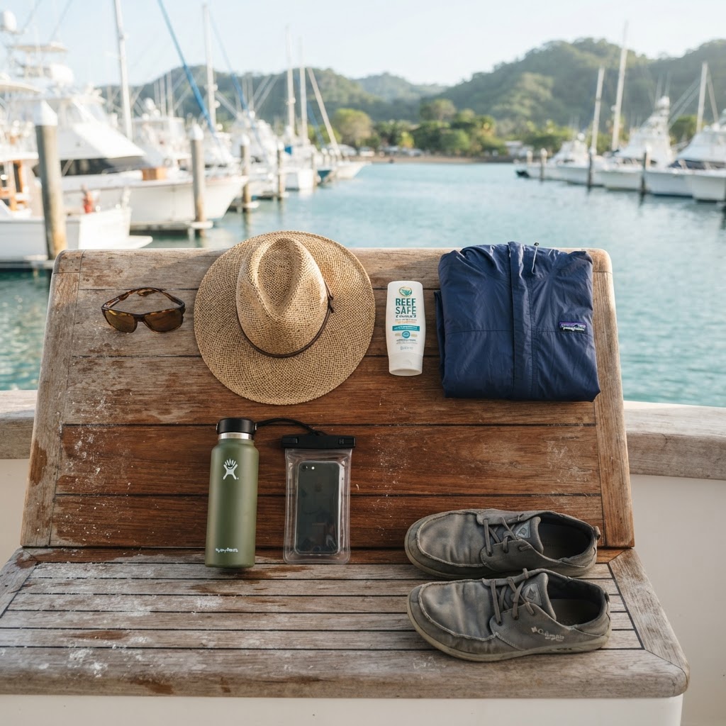 Essential clothing and sun protection packed for a Costa Rica fishing charter