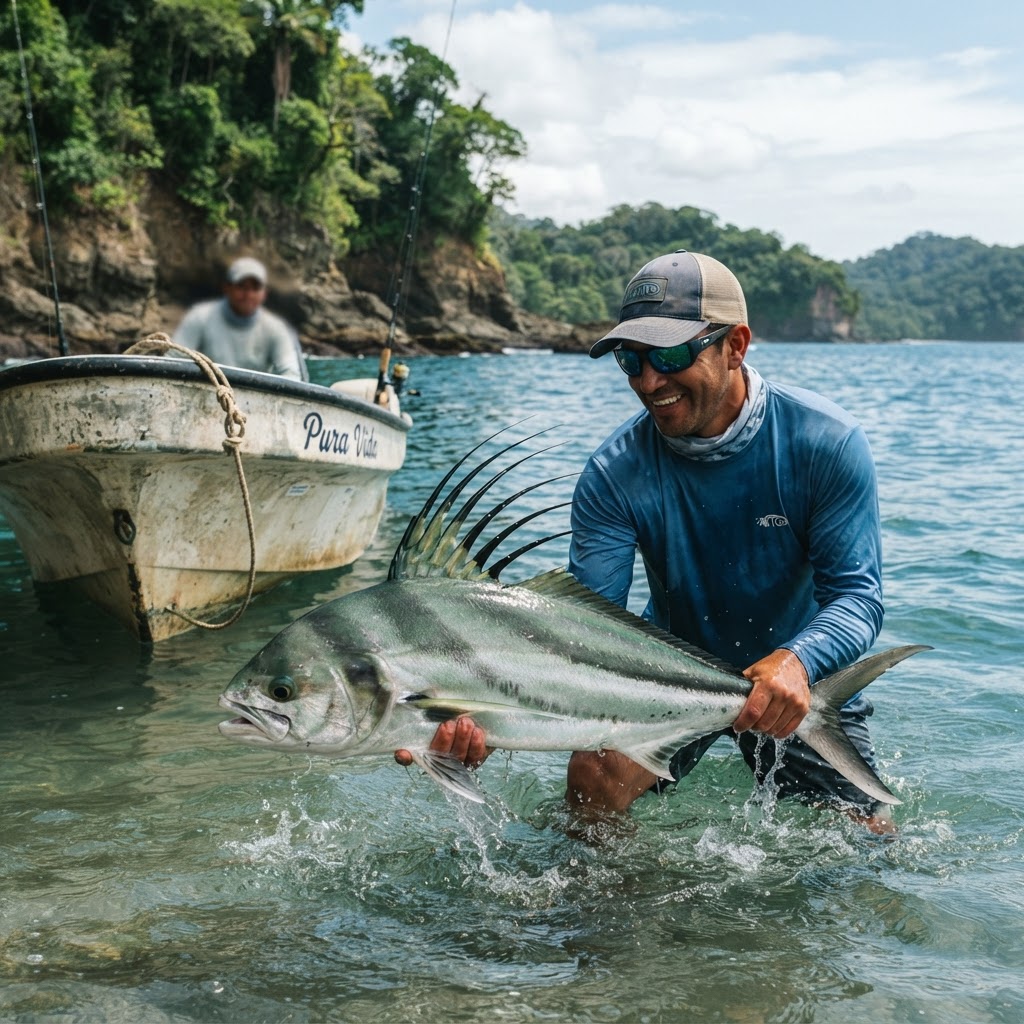 Roosterfish supported at water level for release near the rocky Quepos coastline