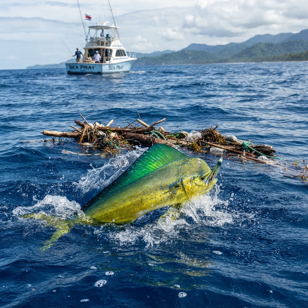 Brightly colored dorado mahi mahi near floating debris off Quepos Costa Rica