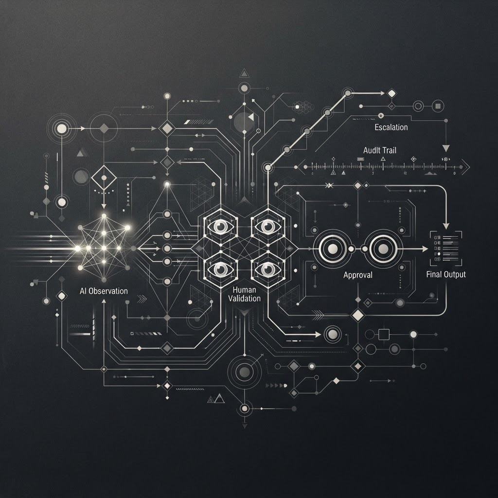 Editorial diagram for Human validation is not a limitation of enterprise AI — it is part of the architecture: human validation