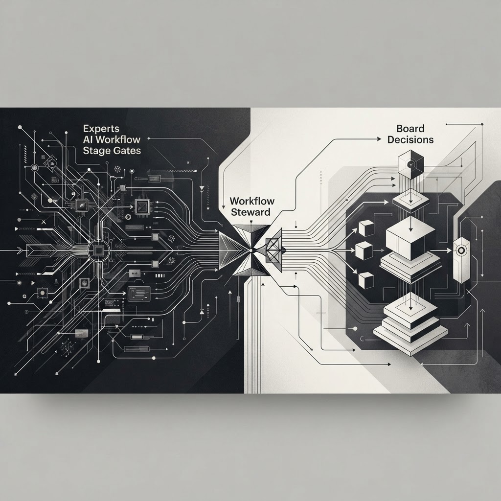 Editorial diagram for The Workflow Steward: the missing role between experts, AI and leadership: steward layers