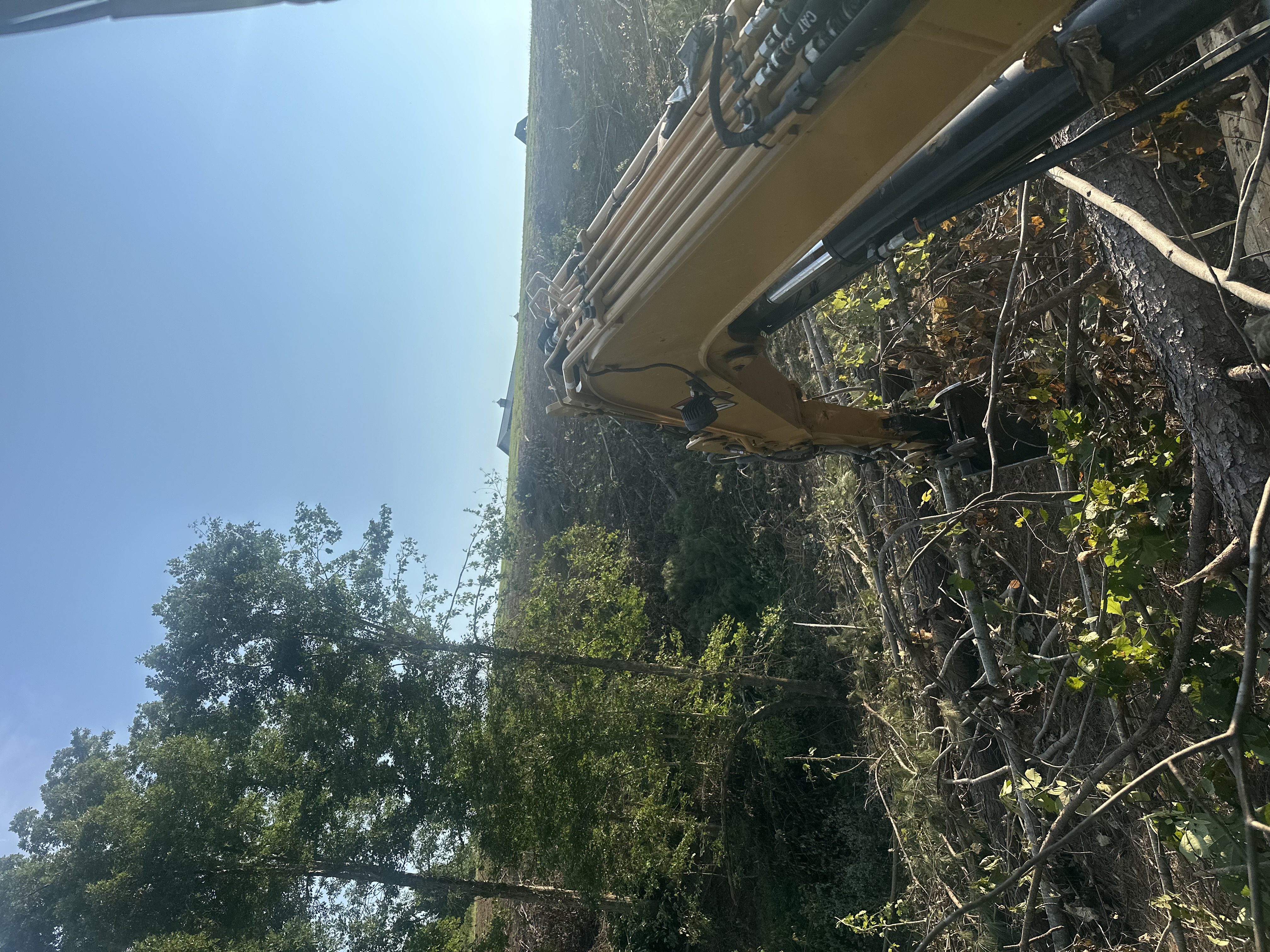 Back 40 excavator boom extended over cleared brush and felled trees during residential building site preparation on a hillside lot in Middle Tennessee