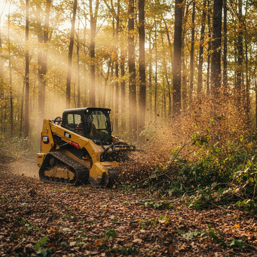 Forestry mulching machine grinding cedar and brush in Middle Tennessee pasture