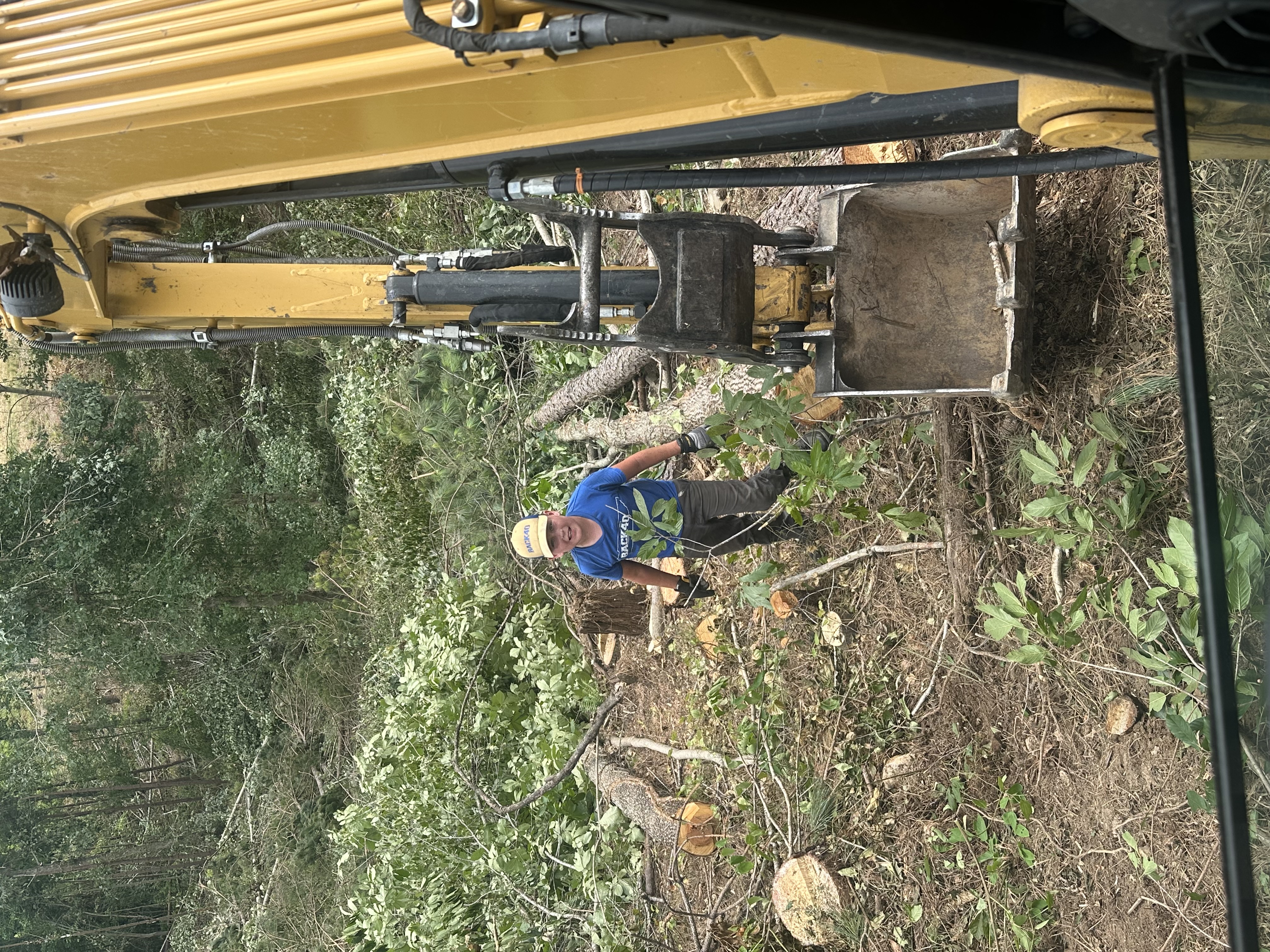 Back 40 Land Services crew assisting excavator operator during precision tree removal and slope grading on a residential building site in Franklin, Williamson County TN