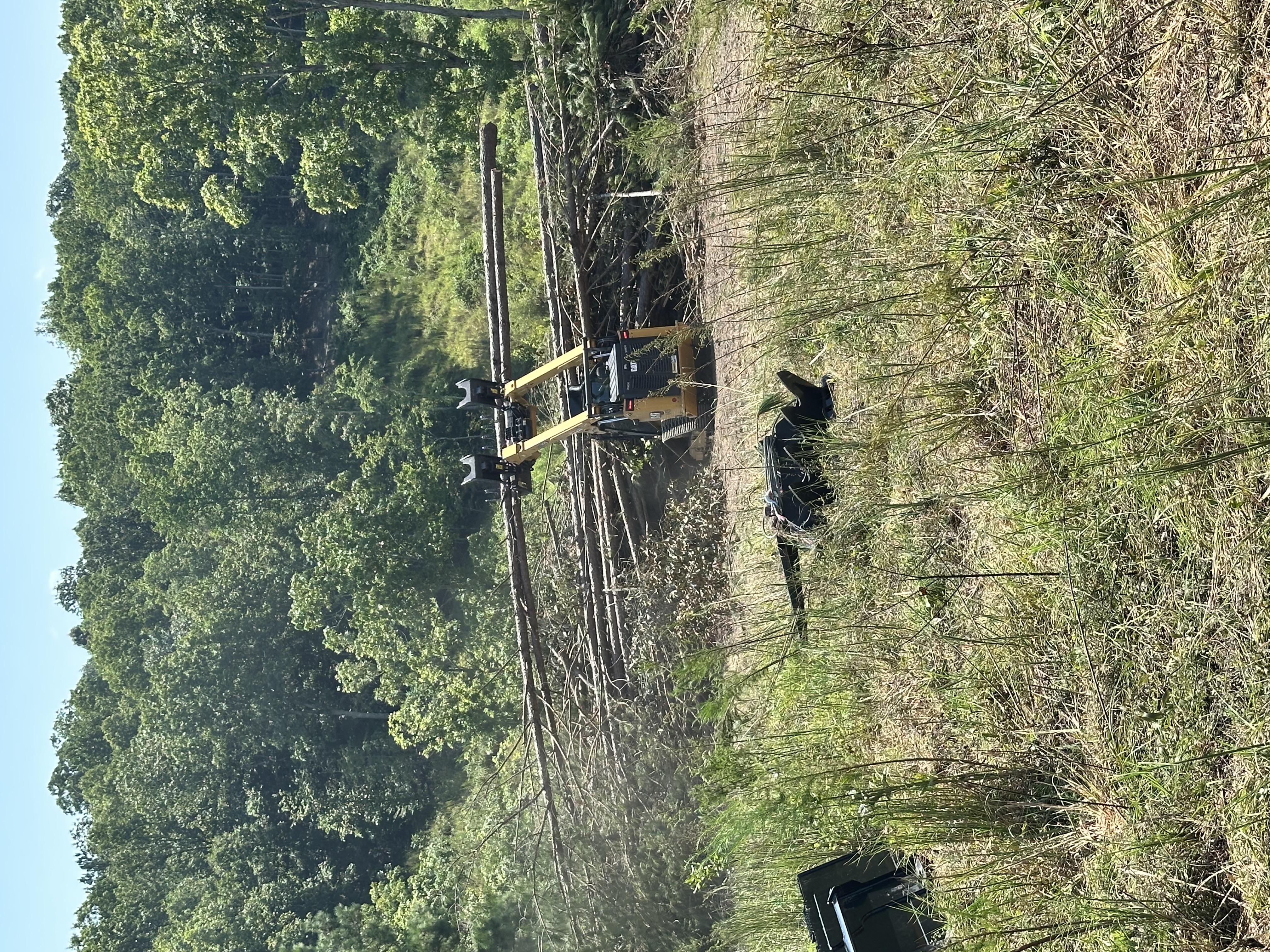 Back 40 CAT 275 compact track loader using heavy-duty grapple attachment to move downed timber and clear debris piles during land clearing site cleanup in Middle Tennessee