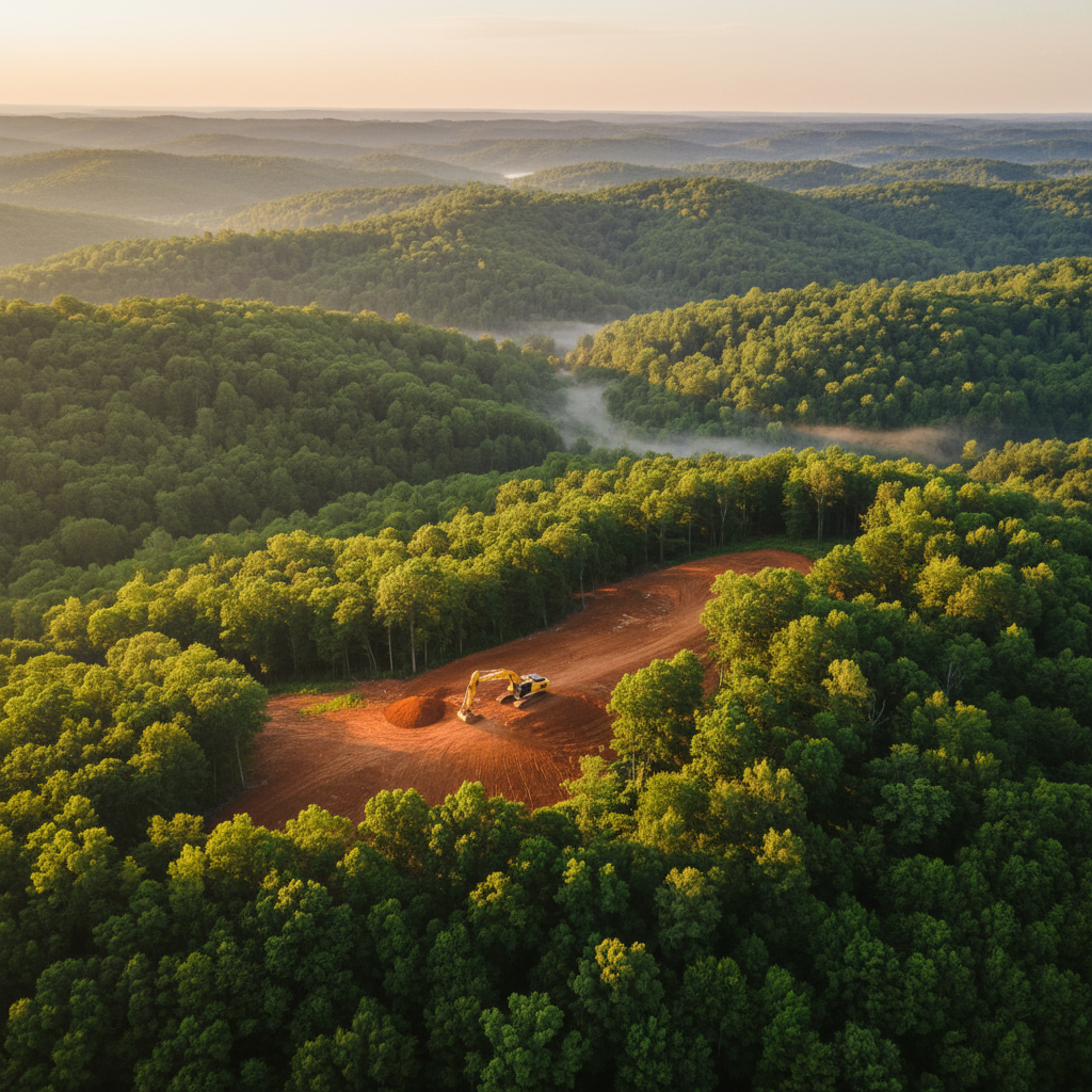 Back 40 Land Services CAT excavator clearing a wooded rural lot at sunrise in Middle Tennessee — land clearing and site development
