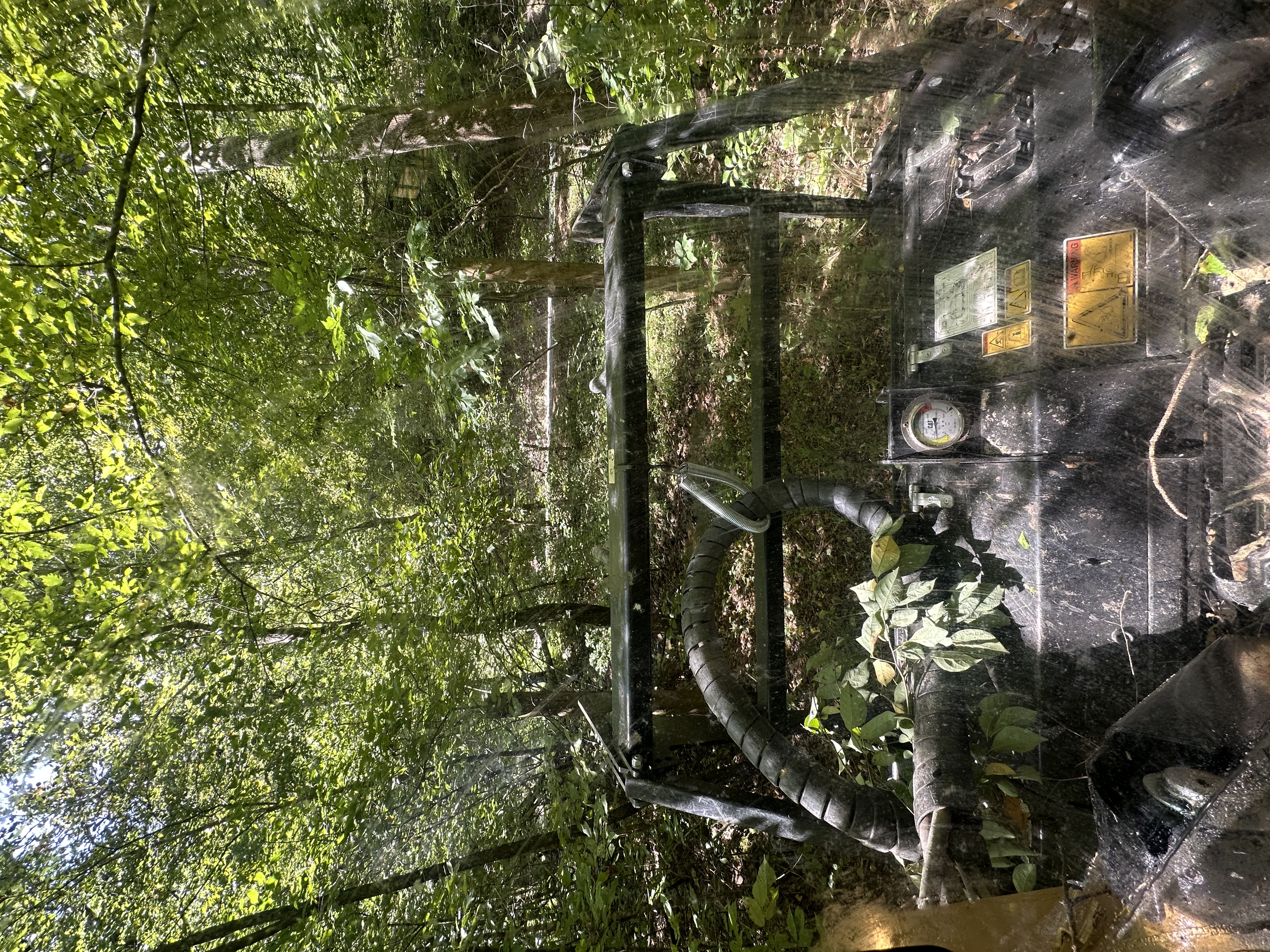 Back 40 operator cab view inside track loader looking into dense hardwood forest canopy during access trail cutting and underbrush mulching in Middle Tennessee