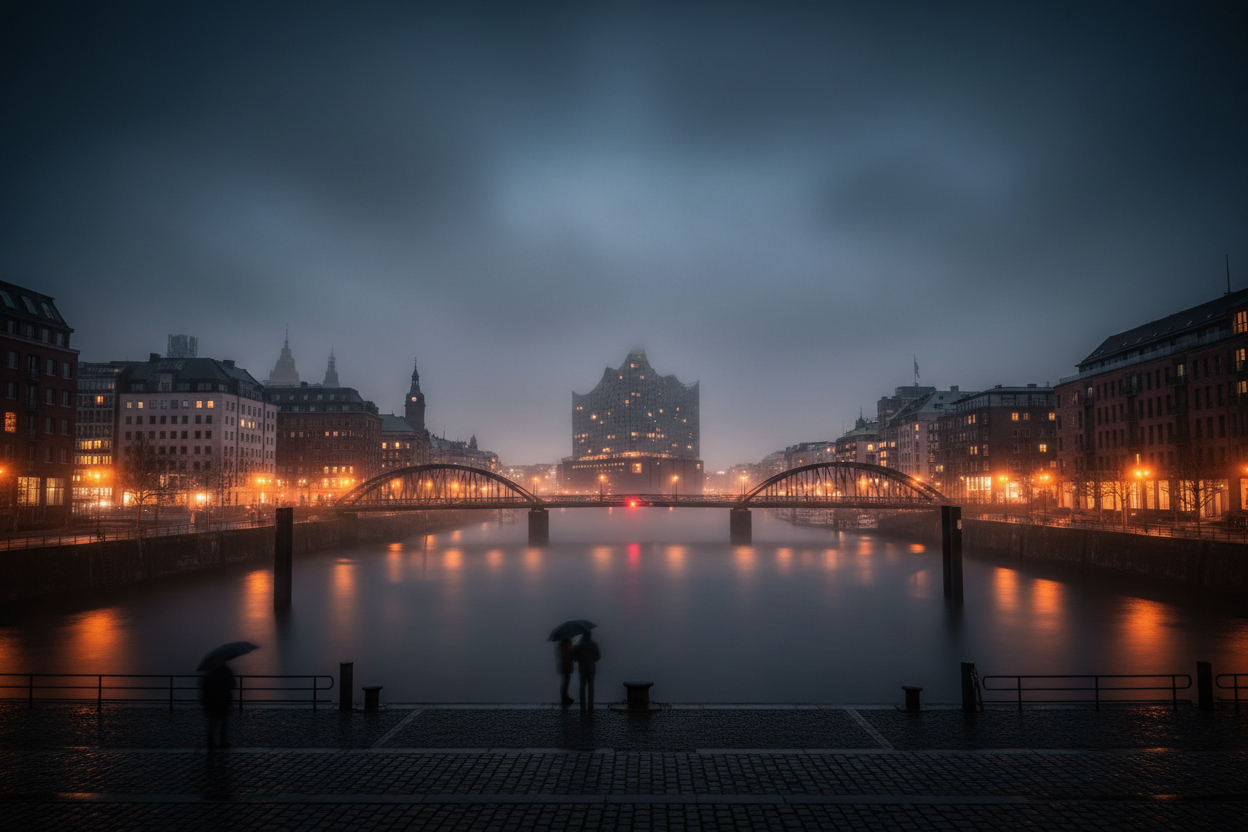 Hamburg bei Nacht mit Elbphilharmonie und goldenem Licht