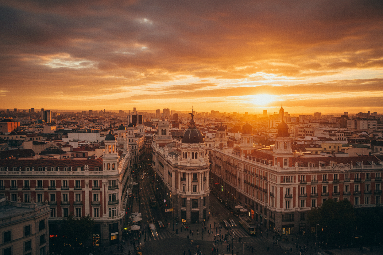 Madrid bei Sonnenuntergang mit warmem Licht