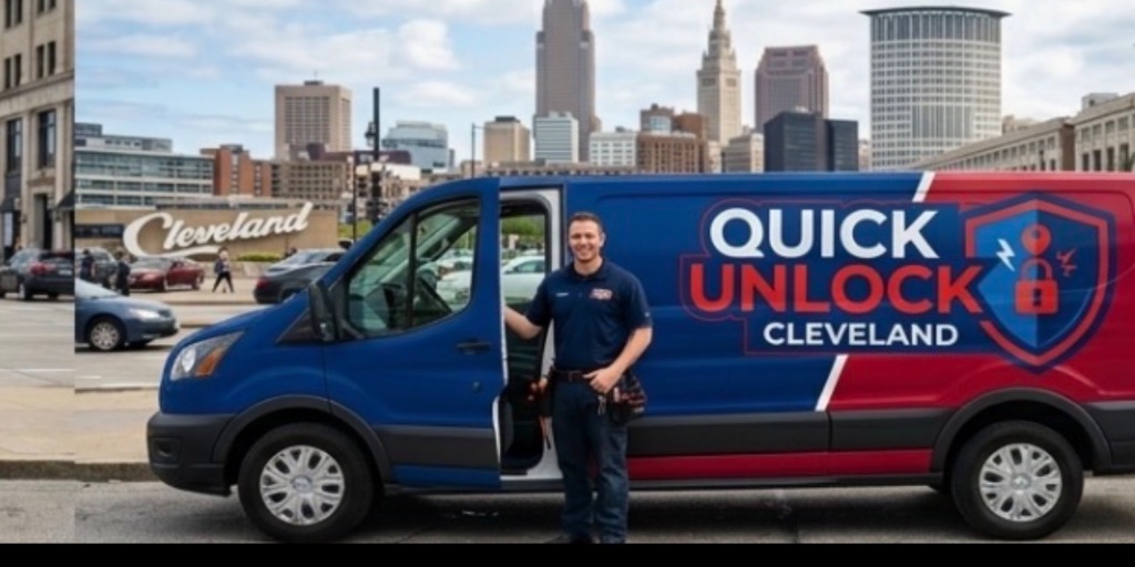 Quick Unlock Locksmith van with technician in front of Cleveland skyline