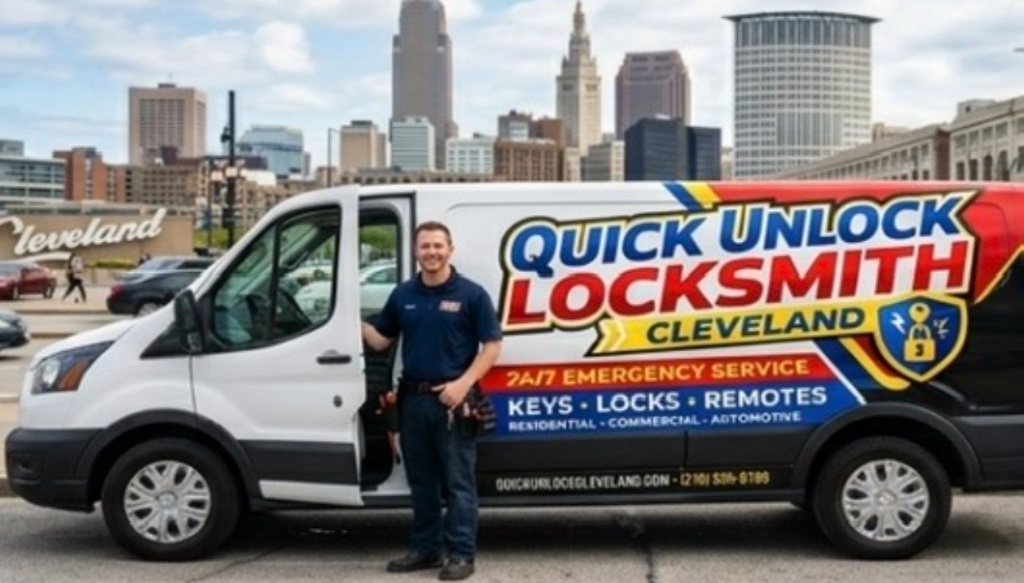 Quick Unlock Locksmith branded van with Cleveland skyline
