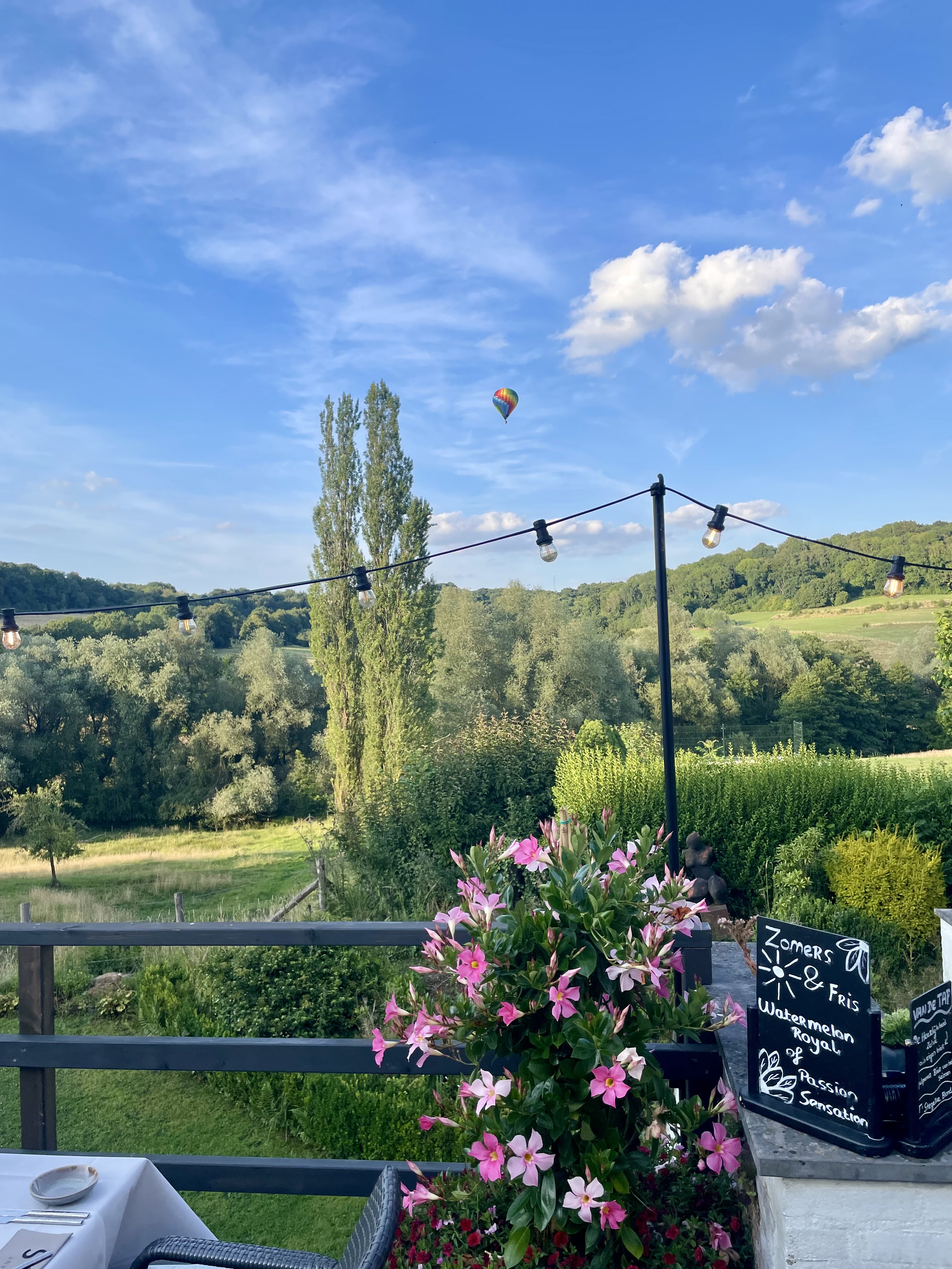 Terras met Mandevilla-bloemen, stringlights en een 'Zomers & Fris' menu, met een luchtballon boven het Heuvelland