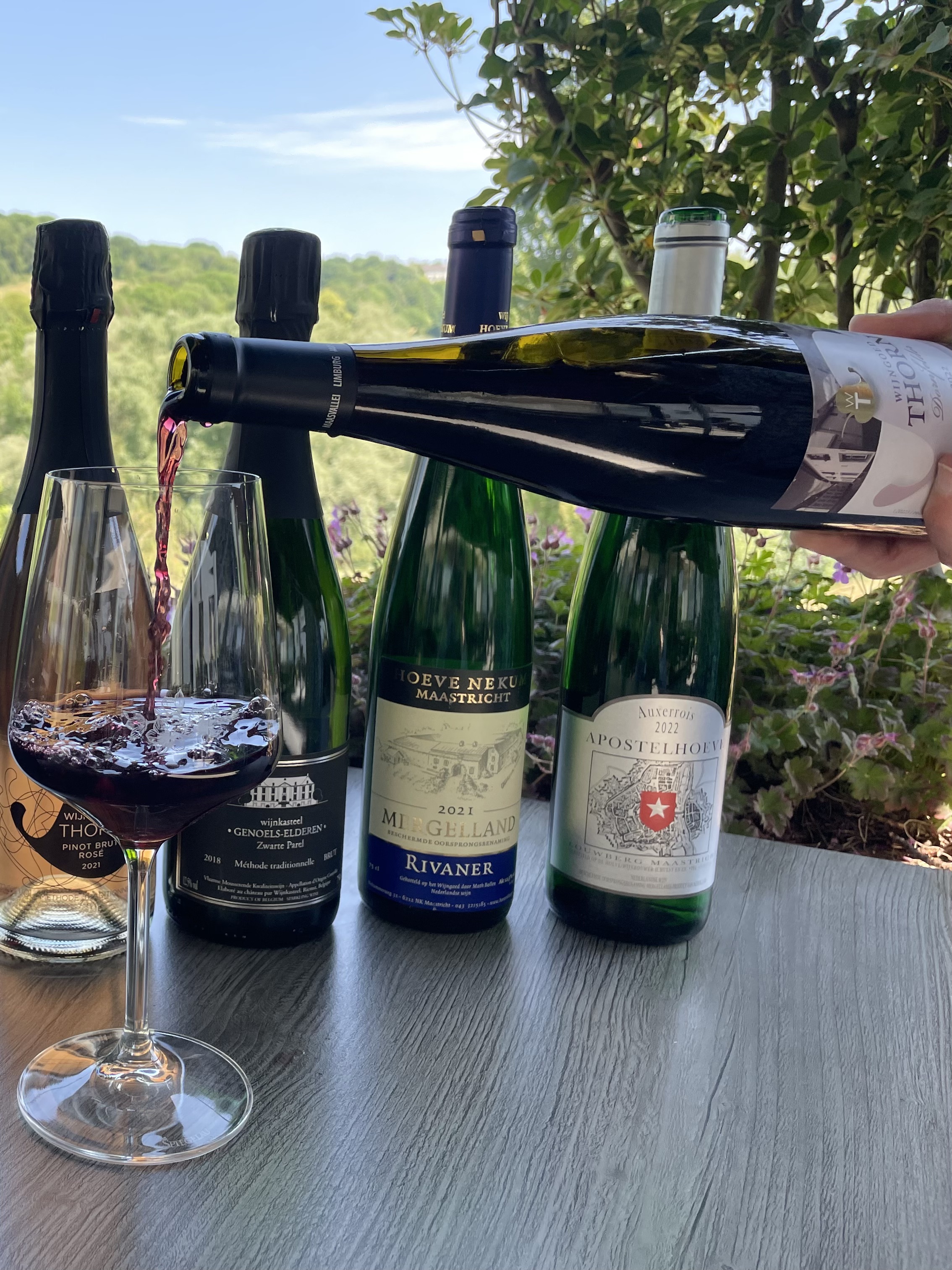 Limburgse wijnen ingeschonken op het terras bij Restaurant LUQS — Apostelhoeve, Hoeve Nekum en Wijnkasteel Genoels-Elderen