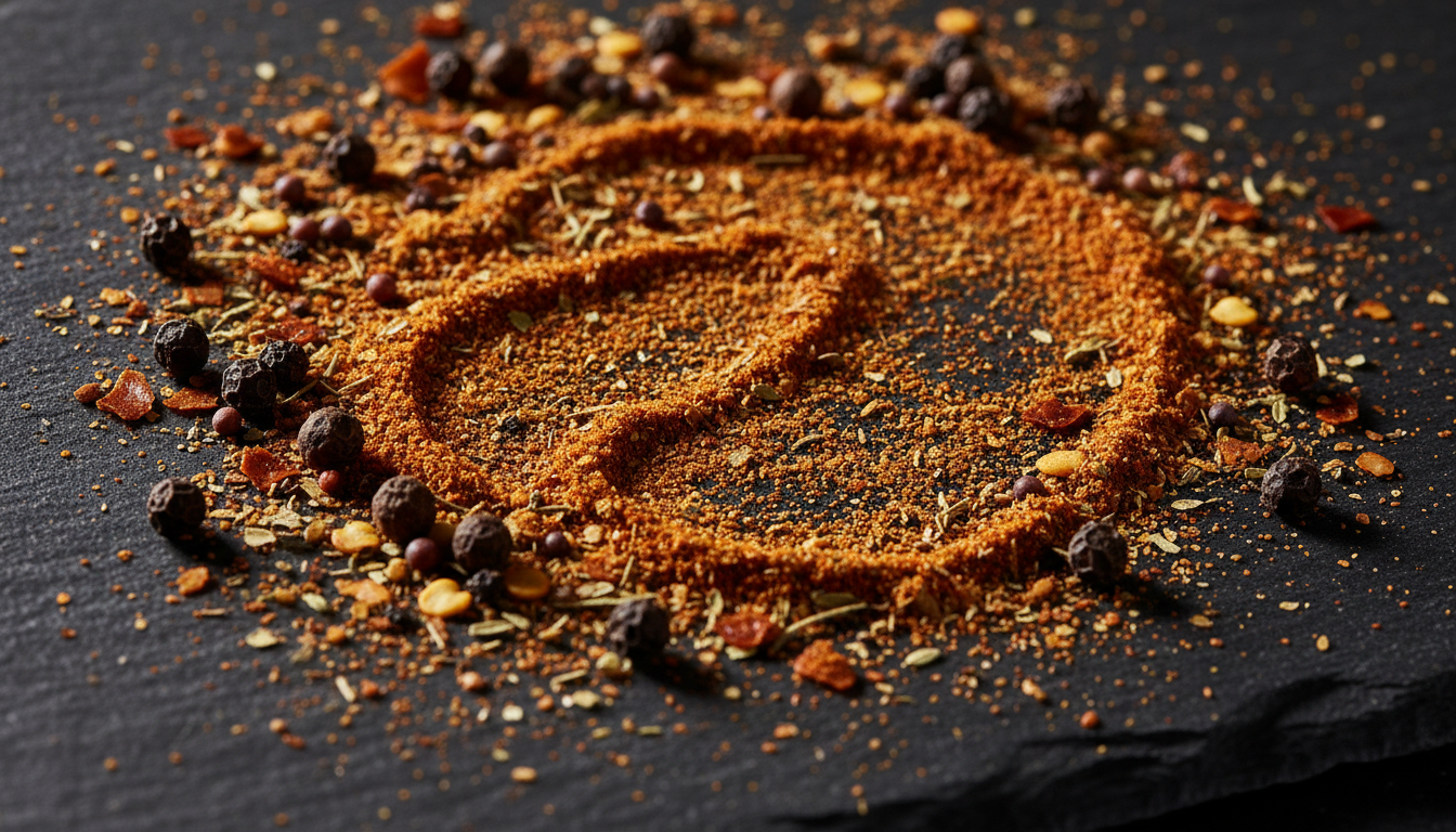 Macro shot of BBQ dry rub spice grains on dark slate