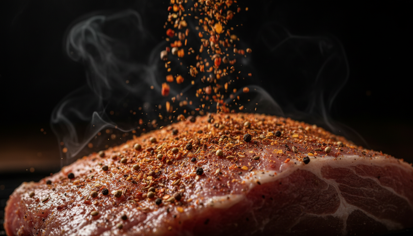 Close-up of BBQ dry rub seasoning being applied to raw pork with smoke wisps