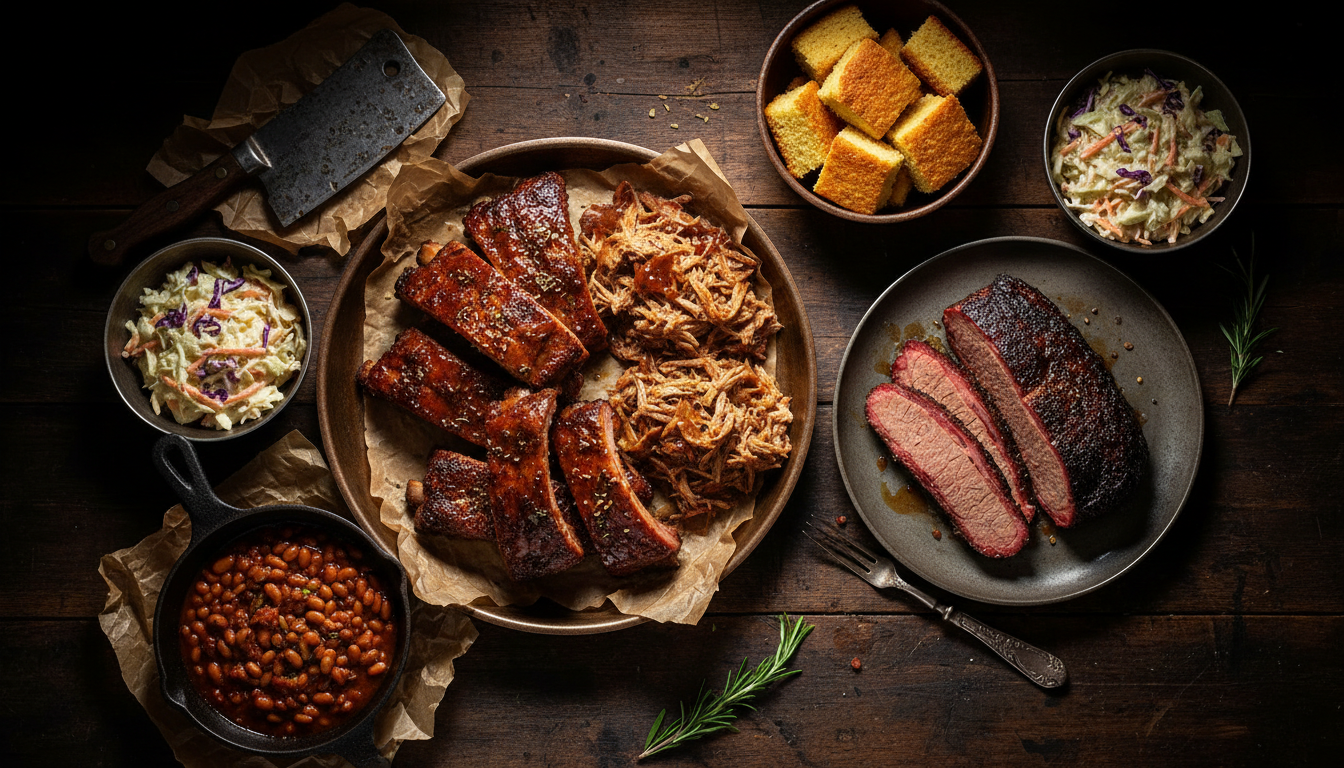 BBQ catering spread with smoked ribs, pulled pork, brisket and sides
