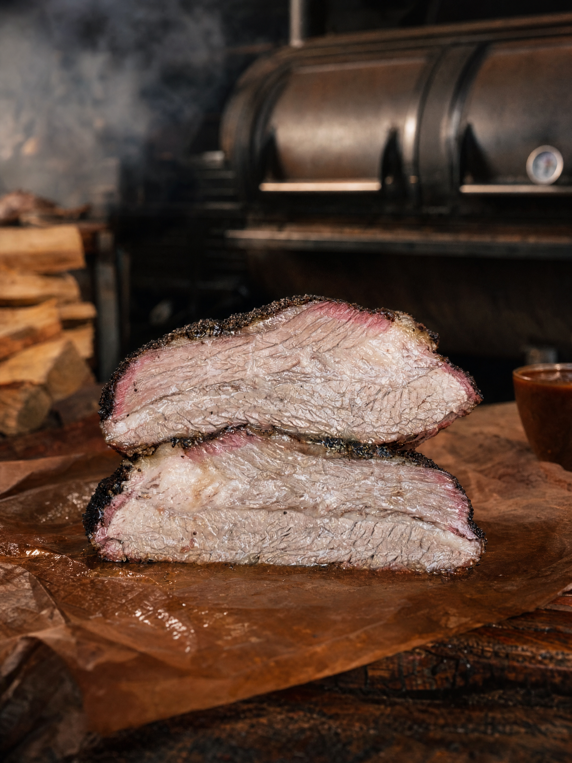 Smoked brisket sliced showing perfect bark crust and tender pink interior