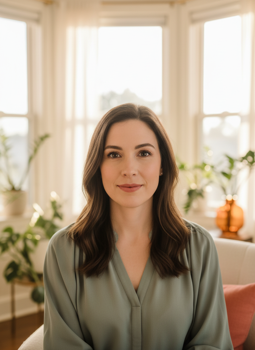 Compassionate nurse practitioner in a warm, sunlit home office