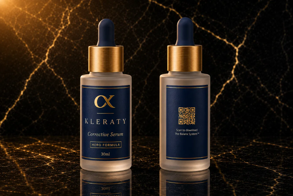 Balanx Corrective Serum, two bottles showing front label and back label with QR code