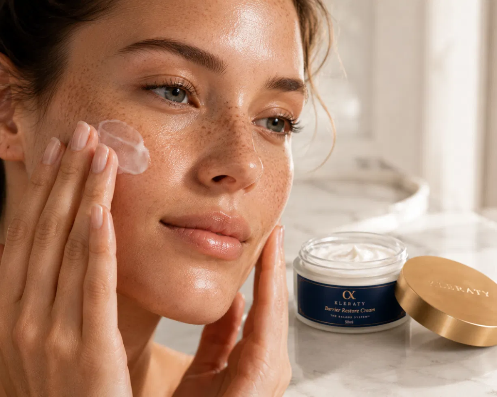 Close-up of a woman applying KLERATY Barrier Restore Cream to her cheek with the open jar on marble