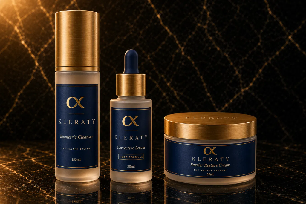 Balanx Biometric Cleanser alongside the full three-product collection on dark marble