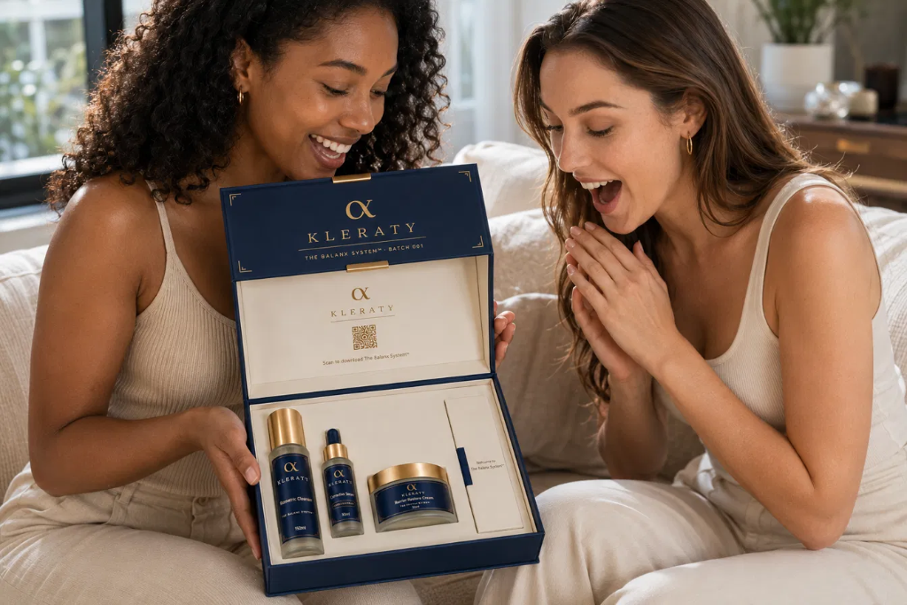 Two women on a sofa, one holding open the KLERATY Balanx System gift box, the other reacting with delight