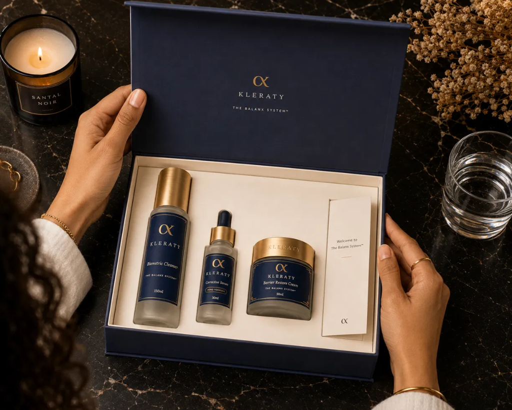 The Balanx System, overhead view of hands holding open the gift box with all three products and welcome card