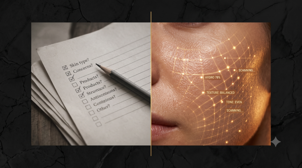 Skincare quiz form beside a biometric skin scan comparison