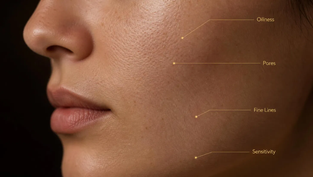 Macro skin close-up with labelled scan data points for oiliness, pores, fine lines and sensitivity