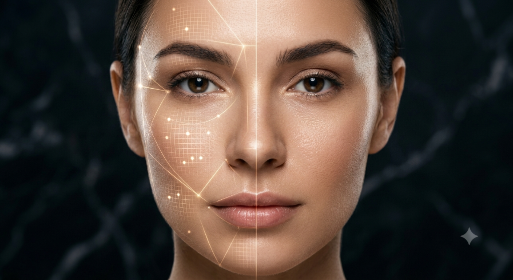 Smartphone scanning a face with The Balanx System™ biometric skin analysis interface