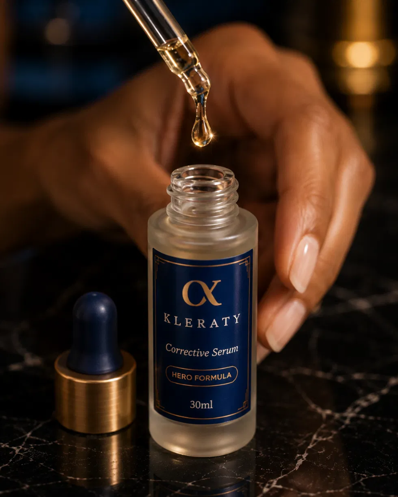 KLERATY Corrective Serum bottle with a dropper releasing a golden serum droplet on dark marble