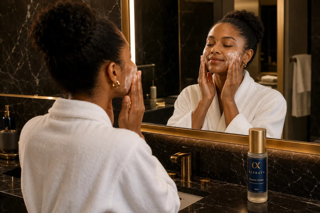 Woman applying the KLERATY Biometric Cleanser at a gold-framed vanity mirror on black marble
