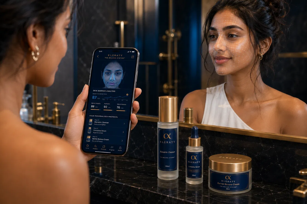 Black man using the Balanx System app with AI face scan showing blue mesh and skin barrier analysis