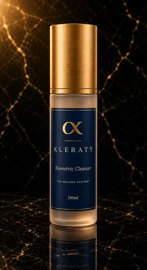 Balanx Biometric Cleanser, single frosted glass bottle with gold cap on reflective black marble