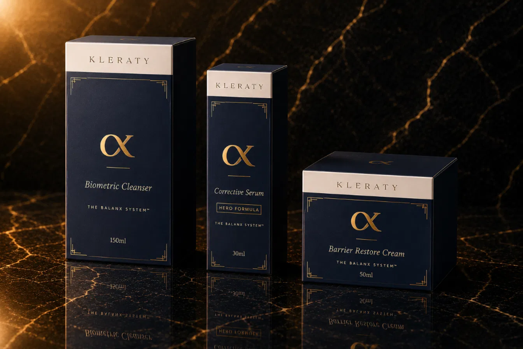 Balanx Barrier Restore Cream alongside the full three-product collection on dark marble