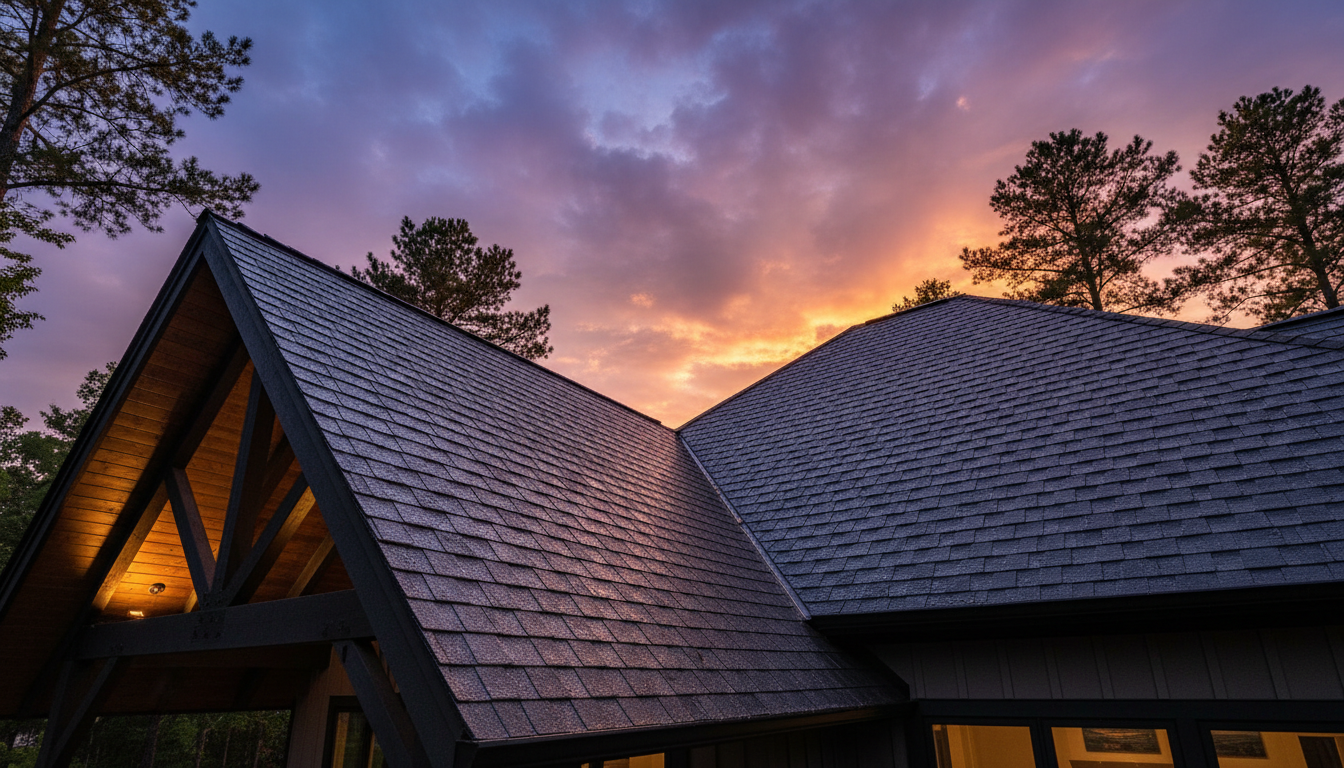 Modern gable roof with architectural shingles installed on a residential home in Woodstock, Georgia during a dramatic post-storm sunset