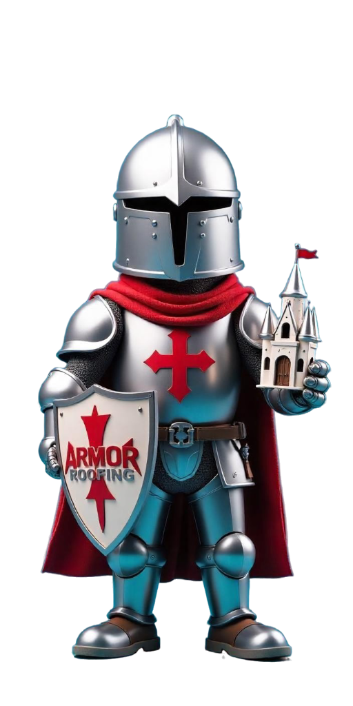 Armor Roofing knight mascot holding a shield and miniature castle