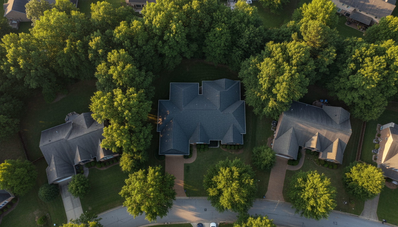 Aerial drone view of a Georgia neighborhood with one premium roof standing out among surrounding homes
