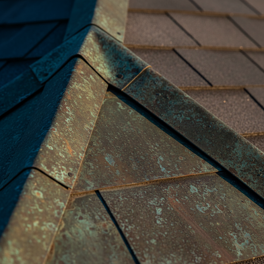 Copper roof flashing detail showing oxidized patina and architectural seams
