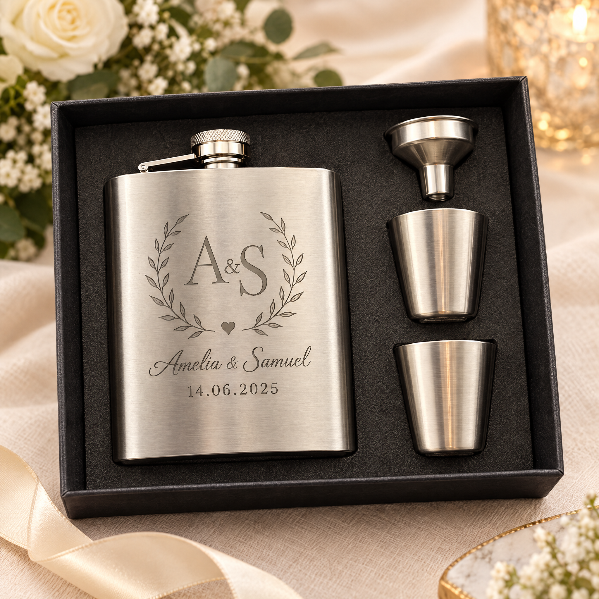 7 oz Stainless Steel Hip Flask Gift Set
