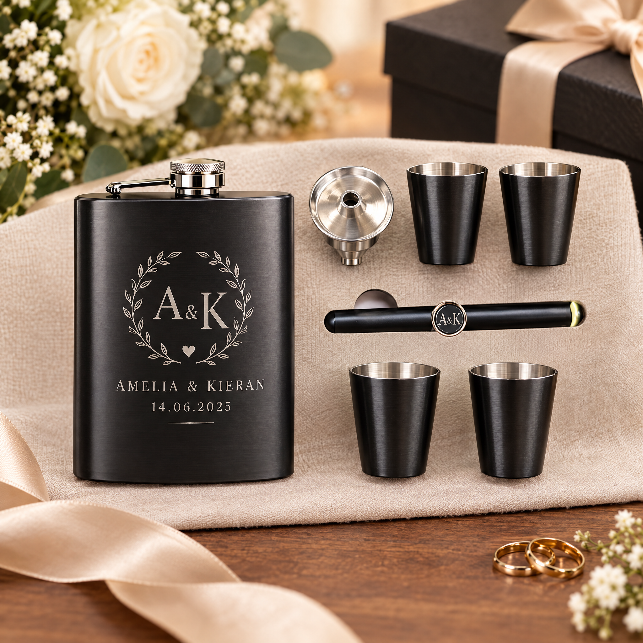 6 oz Black Stainless Steel Flask Gift Set