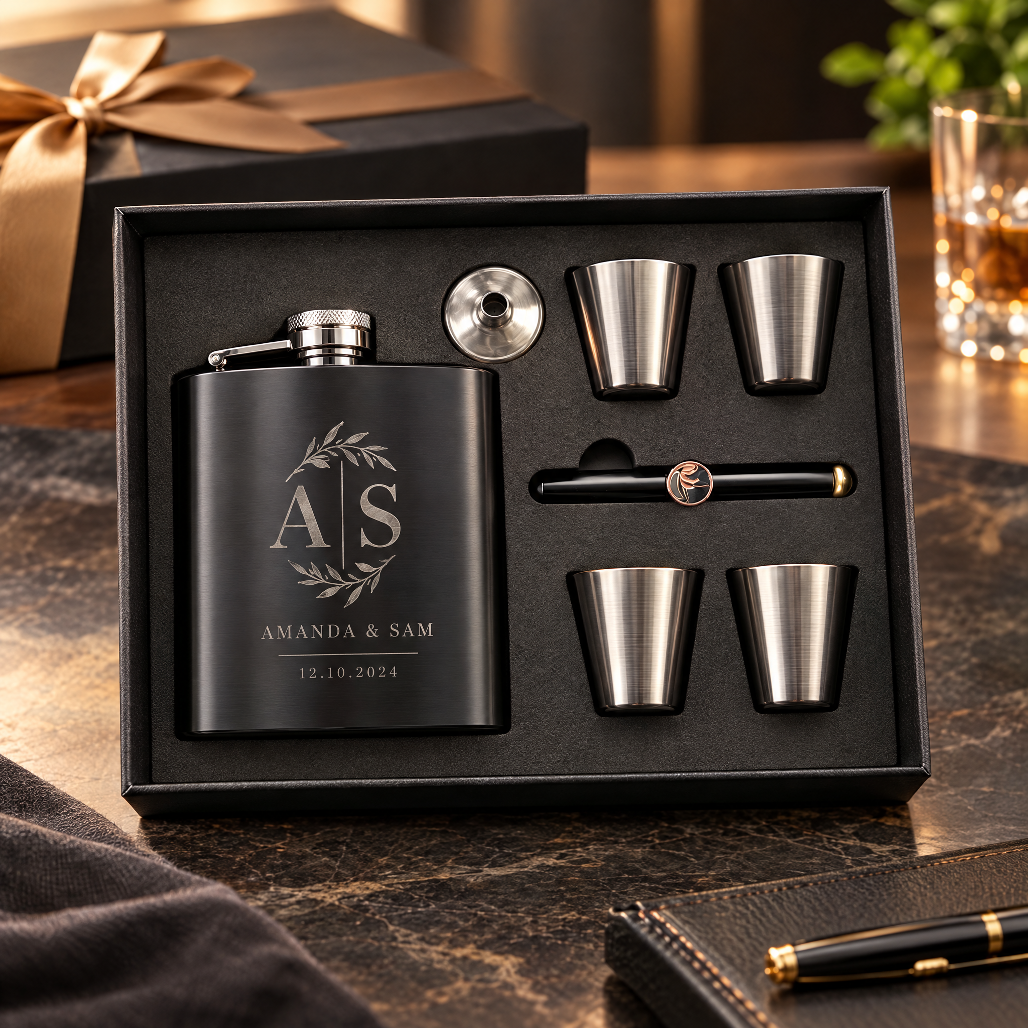 6 oz Black Stainless Steel Flask Gift Set