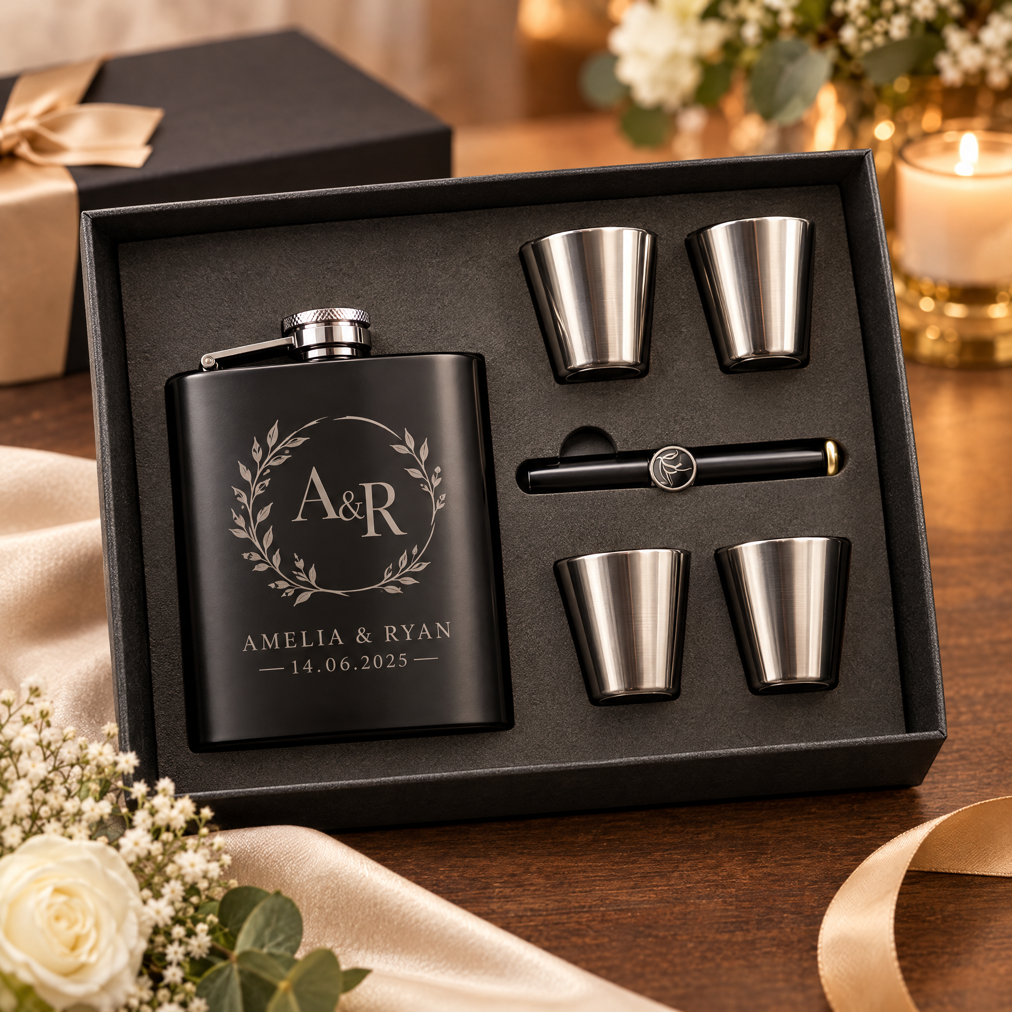 6 oz Black Stainless Steel Flask Gift Set