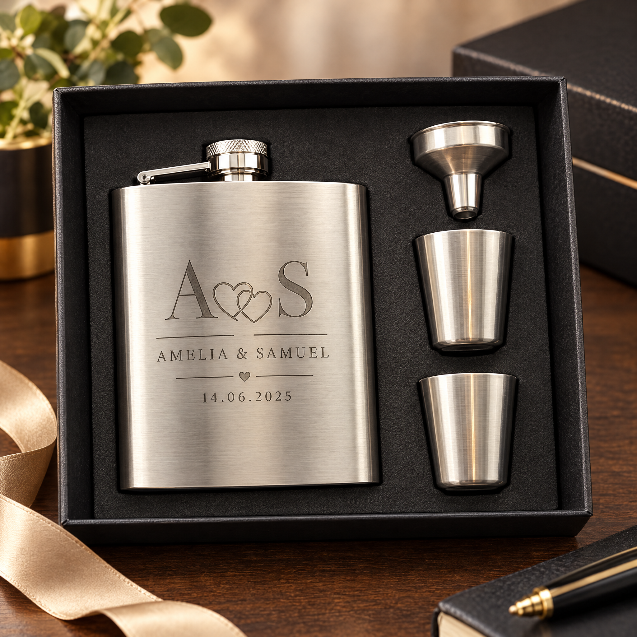 7 oz Stainless Steel Hip Flask Gift Set