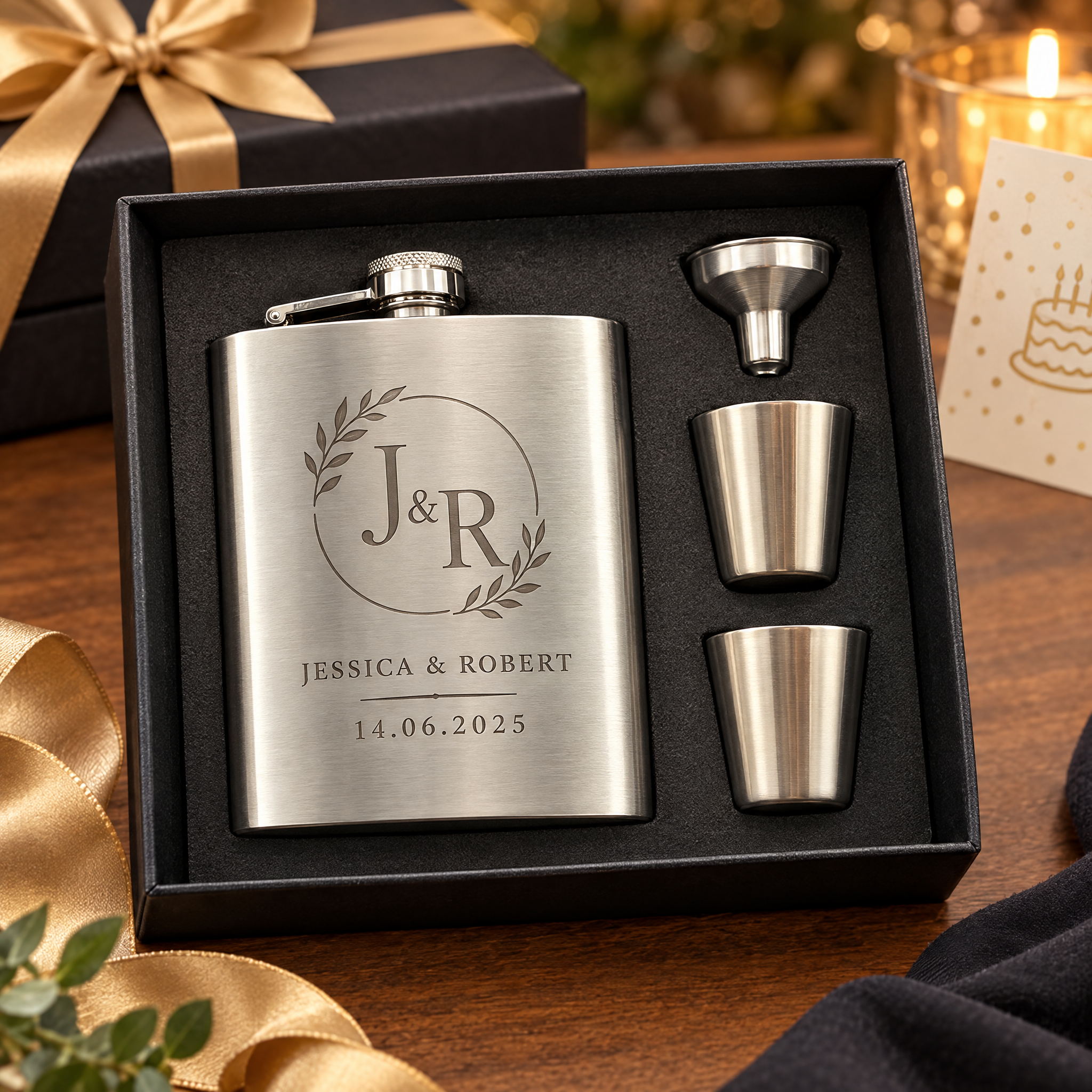 7 oz Stainless Steel Hip Flask Gift Set